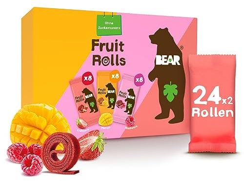 BEAR Fruchtrollen Mixbox I 100% Natürliche Inhaltsstoffe I Ohne Zusatz von Zucker I Gesunder Snack für Kinder & Erwachsene I 24 Beutel x 20g I 480g