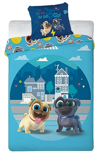 Faro Kinder Wende Bettwäsche Bingo & Rolly Mops Hunde Blau Bettdecke 140x200 + Kopfkissen 70x90 cm 100% Baumwolle