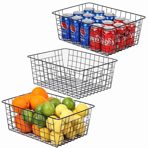 AYSUM 3PCS Large Wire Storage Baskets, Black Wire Basket, Metal Basket for Pantry, Wre Freezer Storage Baskets with Handle for Home, Office, Kitchen, Bathroom, 36x28x16cm