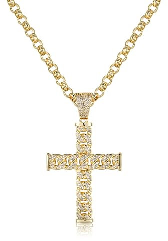 18k XL Gold Necklace Cross Pendant with Belcher Gold Plated Necklace Chain Luxury Finish and Detailing with Stones for Women and Men (Pendant: 100mm x 58mm x 7.6mm︱Chain Width: 8mm and 22 inches)