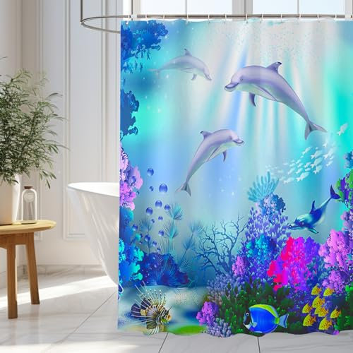 wiipara Duschvorhang 180x200cm, Wasserabweisende Duschvorhänge Blau Delphin Shower Curtains Bad Vorhang, Waschbar Badzimmer Badewanne Vorhang Duschvorhang Anti Schimmel mit 12 Duschvorhangringe