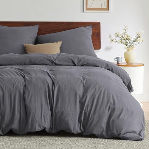 BEDSURE Bettwäsche 155x220 3teilig Anthrazit, Weiche Vorgewaschene Baumwollähnlich ÖKO-TEX Bettwäsche-Set Grau, 1 Bettbezug 155x220 cm mit Reißverschluss und 2 Kissenbezüge 80x80 cm
