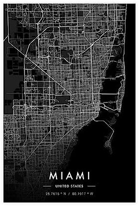 Miami Stadtkarte, dunkles Poster, Leinwandposter, Wandkunst, Dekordruck, Bild Gemälde für Wohnzimmer, Schlafzimmer, Dekoration, ungerahmt, 40 x 60 cm