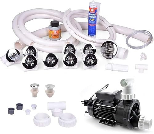 AQUADE 25-teiliges Set Whirlpоol Badewanne Selbstbausatz - Bausatz mit Whirlpoоl Pumpe 0,75 HS, Pneumatik Schlauch, 8x Whirlpoоl Düsen, Startknopf, Reiniger, Kleber, Silikon, T-Stück und mehr