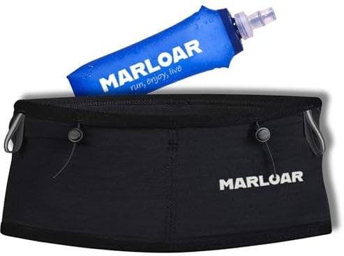 MARLOAR Ceinture Running + Flasque Running 250ml en Cadeau - Ceinture Hydratation Running - Ceinture de Course avec Porte dossard et Porte bâton Inclus pour Le Trail Running, Noir (Black, M)