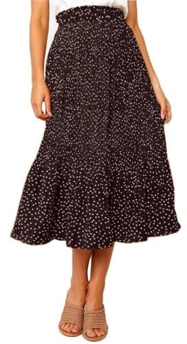 Oyamiki Damen Sommer Plissee Lange Röcke Casual Hohe Taille Urlaub Polka Dot Röcke mit Taschen Midi Rock, coffee, 40