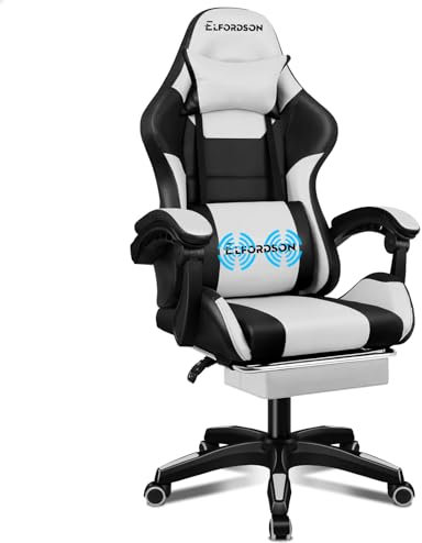 ELFORDSON Massage Gaming Chair with 2-Point Massage on Lumbar, Comfy Computer Office Chairs with Headrest Pillow Footrest Tall Back Recliner Swivel for Home Office, White & Black