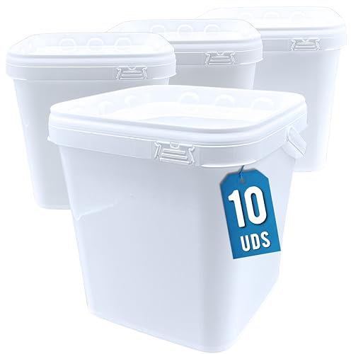 Üka • 6 Seaux en Polypropylène Blanc 5,4 L - 20x20x20,5 cm. Stockage en Plastique Dur avec Couvercle. Récipients Alimentaires Hermétiques. Seaux Vides avec Poignée. Empilables et sans BPA.