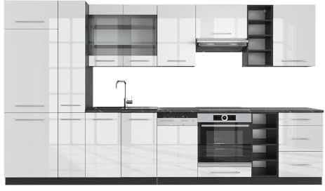 Vicco Küchenzeile Fame-Line, Weiß Hochglanz/Anthrazit, 355 cm | 12 Module · Höhenverstellbare Füße · AP Anthrazit inkl. · MDF-Fronten · Softclose · Metallgriffe