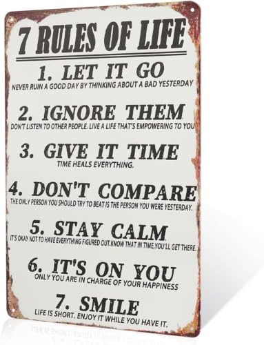 Letrero de metal vintage con las 7 reglas de la vida, para sala de estar, dormitorio, cocina, baño