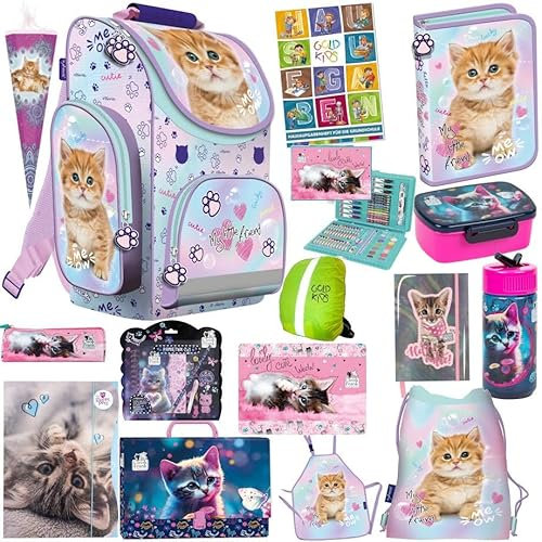 Goldkids - Schulranzen für Jungen und Mädchen, 16er-Set - Schul-Rucksack für Kinder mit Federmäppchen - Schuhbeutel Brotdose Trinkflasche Sammelmappe - Katze Motiv - 1-3 Klasse