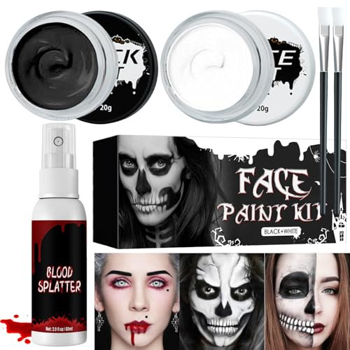 Halloween Schminke, Halloween Schminke Schwarz Weiß, Halloween Schminke Kunstblut Set, Halloween Make up, Face Paint für Theaterschminke, Faschingsschminke für Kinder Erwachsene Fasching Makeup
