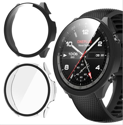 GIOPUEY [2 Pack Funda para OnePlus Watch 2R, Protector de Pantalla + Bastidor rígido, Protección Total del Paquete - Black+Transparent