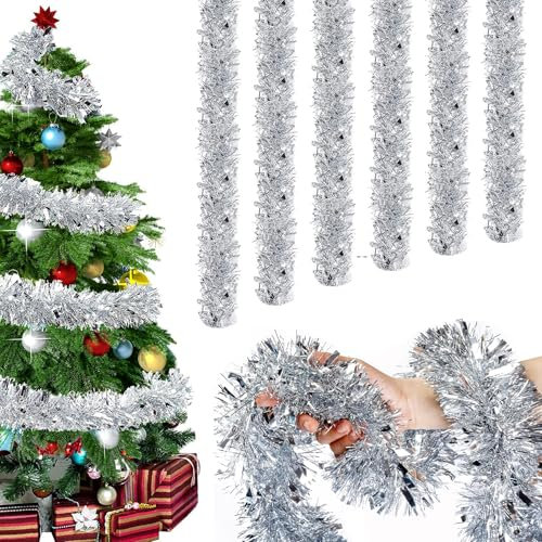 CLHXWU 6 Pcs Ghirlanda Natalizia Argento, 12m Tinsel per Albero di Natale, Festoni Decorazioni per Interni ed Esterni