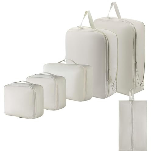 Suweir 6 Teilige Packing Cubes, Koffer Organizer set Leichte Packwürfel Reise Kleidertaschen Compression Kofferorganizer Travel Organizer Packtaschen Set für Rucksack & Koffer (Beige)