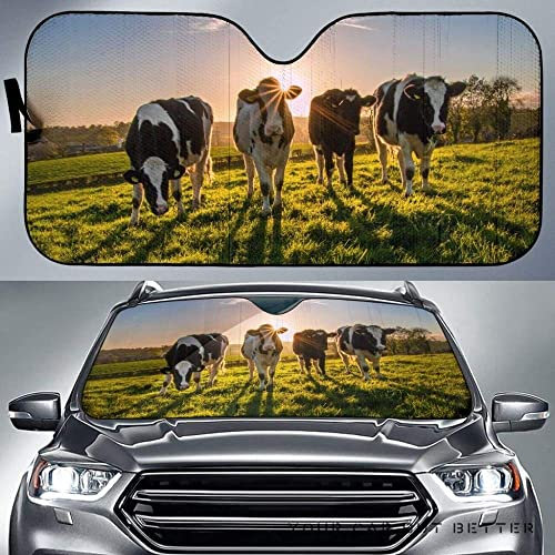 Parasol para Vehículo Portátil Parasol Coche Delantero Parasol Luna De Coche Universal para Furgonetas SUV Vehículos Divertidas Cuatro Vacas Lecheras En El Campo Al Amanecer Imagen Impresa S