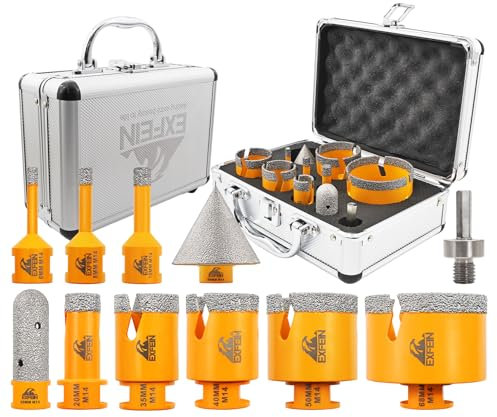 EXFEIN Foret Diamant Carrelage Kit - 11 pièces (6/8/10/20/35/40/50/68mm+20mm Fraise+50mm Mèches Chanfrein Biseautées+Adaptateur) Scie Cloche Diamantée pour Porcelaine Carrelage Marbre Granit