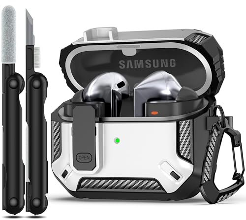 MHYALUDO Kompatibel mit Samsung Galaxy Buds3/Galaxy Buds3 Pro (2024) mit Verschluss, sturzsichere Kopfhörerhülle in Militärqualität mit Wanderschnalle und Reinigungsset – Weiß