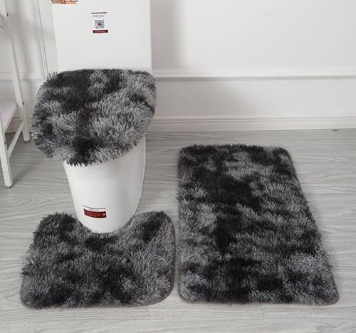 kimprinsj Bathroom Rugs Sets Soft Microfiber 3 Piece, Non-Slip Bath Mat Fluffy Plush Toilet Seat Cover for Bathroom, Water Absorbent Bathmat, Machine Washable (black)