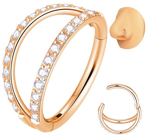 Popuhoops 16G 6mm Rose Gold Double Open Stack CZ Nose Ring Hoop 316L Surgical Steel Helix Rook Conch Cartilage Daith Tragus Earrings Hinged Segment Nostril Piercing Septum Clicker 16 Gauge Lip Ring