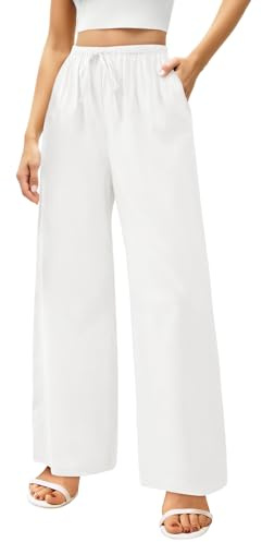 Zhiaek Leinenhose Damen Lang Weites Bein Sommerhosen Damen Leicht und Luftig Hose Sommer Casual Locker Freizeithose Palazzo Hose Weite Leg Hose Hohe Taille mit Tunnelzug und Taschen Weiß M