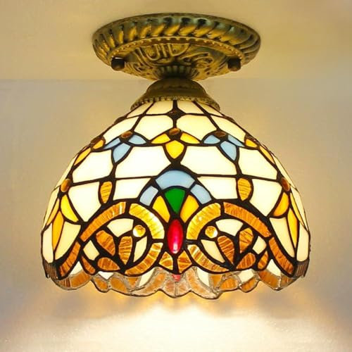 Mengjay Retro Stil Buntglas Deckenleuchte, E27 Antike Kleine Deckenlampe Vintage für Küche Wohnzimmer Schlafzimmer Badezimmer Korridor Flur Treppen Esszimmer Cafe Bar (A)