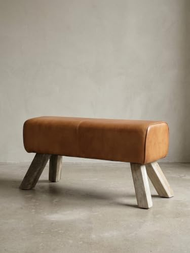 Design Sitzhocker WL5.105 Holz 90x30x43 cm Leder Modern Springbock | Lederhocker mit Holzbeinen | Massivholz Hocker mit Leder | Springbock Turnbank Gepolstert |