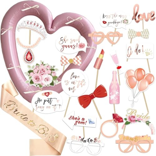 Jorun Hen Party Photo Booth Props Rose Gold Party Accessories for Adult | Bridal Shower Selfie Frame Hen Do Decoration,Heart-Shaped Photo Frame,Satin Shoulder Strap,25-Piece Set
