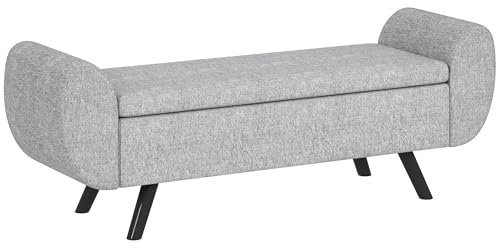 HOMCOM Storage Ottoman with Armrest, Upholstered Linen Storage Bench, Window Seat with Rubberwood Legs, Footstool for Bedroom Living Room, Hallway, Dark Grey
