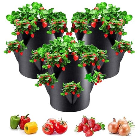 Erdbeerturm Pflanzsack Erdbeeren Pflanzen Topf mit 8 Seitlichen Pflanztaschen, 45 x 35 cm Pflanzbeutel für Erdbeeren Knoblauch Zwiebeln Kräuter (3 Stc)