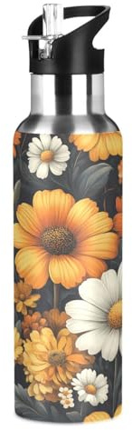 Ttgoth Bouteille d'eau isotherme en acier inoxydable avec couvercle à paille - Motif fleurs blanches et jaunes - 600 ml - Sans BPA - Anti-fuite - Réutilisable