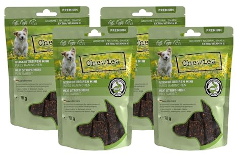 Chewies Fleischstreifen MINI Hundeleckerli aus 100% Kaninchenfleisch - 4 x 70 g - Snack für kleine Hunde - luftgetrocknete Kaninchen Kaustreifen - hypoallergen & getreidefrei - Dörrfleisch