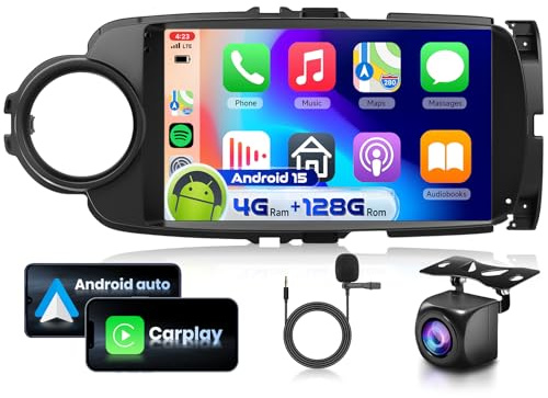 4G&128G 9 Autoradio per Toyota Yaris Grmn 2012-2017 con Carplay Android Auto Wireless Android 15,Bluetooth RDS/FM Radio,Mirror link,Wi-Fi GPS Navi,Telecamera posteriore AHD