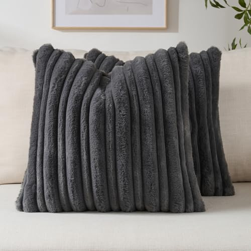 FUTEI Set of 2 Fluffy Faux Rabbit Fur Cushion Covers 45x45 cm,Charcoal | Double-Sided Thick and Thin Striped Textured Design,Side Hidden Zipper,Machine Washable,Non-Shedding,Colorfast,No Filling.