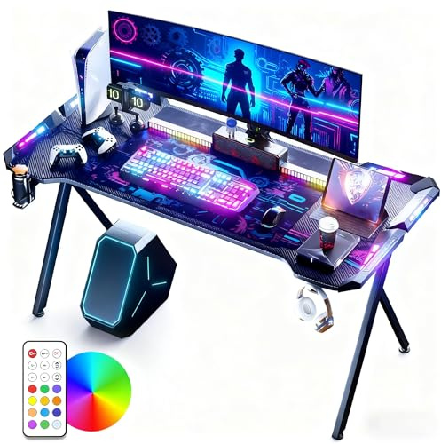 LZQ Table de gaming avec LED RVB 160 x 60 cm - Ergonomique - Avec surface en fibre de carbone - Table de jeu RVB avec télécommande et crochet pour casque - Noir