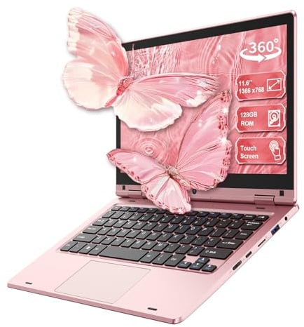 PINSTONE 11,6'' Laptop Touch pieghevole a 360°, Laptop Celeron N4020, 6GB RAM 128GB SSD, WiFi (2,4G/5G), Bluetooth, 1366 x 768 IPS, Webcam, PC portatile su misura per i professionisti - Rosa