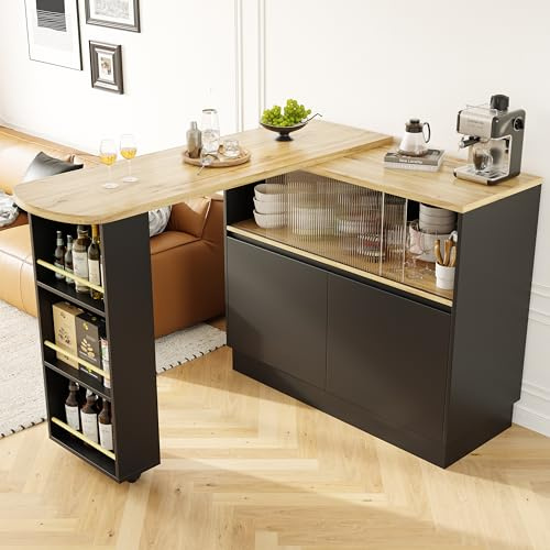 FammyLoft Bartisch Klappbar mit Stauraum, 360° Drehbare Bartisch Küche mit Ablageflächen, Moderner Beweglicher Bar Tisch, Bar Table, Hochtisch, Kücheninsel, Küchentheke, (90-120X45X100cm), Schwarz