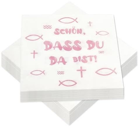 Servietten Kommunion Mädchen 40 Stück 33x33cm - Rosa Tischdeko Konfirmation Taufe - Festliche Deko Kommunion Mädchen mit Fische Kreuz Motiv Schön DASS Du Da Bist
