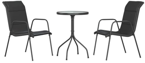 HFXHIJXQ 3-TLG. Garten-Essgruppe 50 cm Anthrazit-Glastisch, wetterfeste Schwarz-Textilene-Stühle 51×66×88 cm, modernes Balkon-Terrassen-Set
