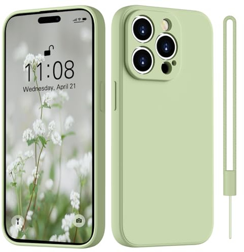 HGH for iPhone 15 Pro Case Silicone With Lanyard, Matcha Green | [Camera All-Round Protection] [Soft Microfiber Lining Anti-Scratch] Full Covered Shockproof