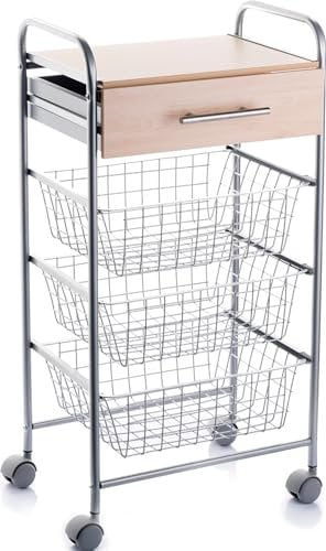 DON HIERRO - Carrito de cocina, verdulero ALESIA, 1 cajón y 3 cestas. Color Aluminio - Haya-