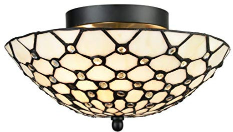 DIRYZON EUL Plafonnier semi-encastré style Tiffany en laiton antique et abat-jour en verre coloré - 3 lumières