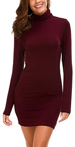 EXCHIC Femmes Casual Confortable Col Roulé Longues Manches élastique Mini Robe Sexy Bodycon Club Robe