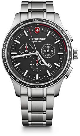 Victorinox Herren Armbanduhr Alliance Sport Chronograph Ø 44 mm, Swiss Made, Analog Quarz, Wasserdicht bis 100 m, Edelstahl-Armband, Schwarz/Silber