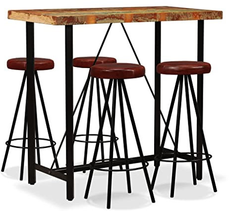 vidaXL Barset 5-TLG. Altholz Massiv Echtleder Bartisch Stehtisch Barhocker