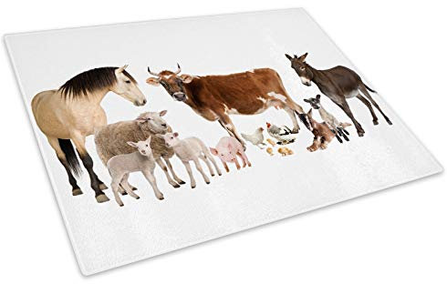 White Farm Animals Collage Glass Chopping Board Kitchen Worktop Saver Protector