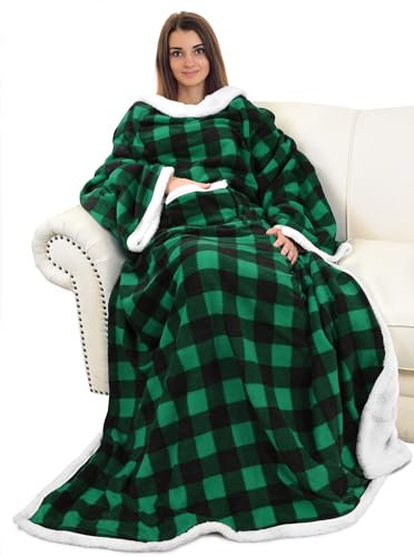 Catalonia Classy Flauschig Kuscheldecke mit Ärmeln Warm Weihnachten Geschenk für Frauen Herren, Flauschige Sherpa Tragbare Decke mit Ärmeln, Wohndecke zum Anziehen Erwachsene, 185 x 140 cm Grünes