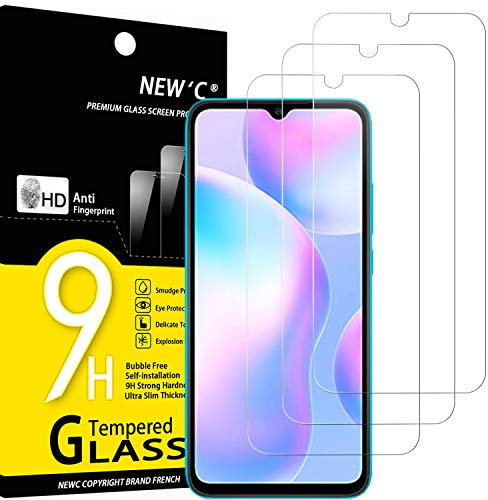 NEW'C 3 Piezas, Protector Pantalla para Xiaomi Redmi 9A, Xiaomi Redmi 9C, Cristal templado Antiarañazos, Antihuellas, Sin Burbujas, Dureza 9H, 0.33 mm Ultra Transparente, Ultra Resistente