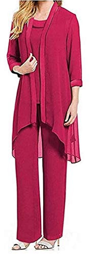Pantaloni da donna 3 pezzi abito formale in chiffon per madre della sposa abiti da sera, Fucsia, 48
