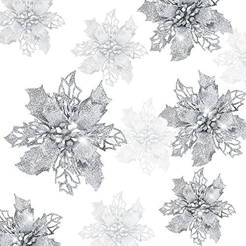 GWHOLE 21 Stück Weihnachtsblume Weihnachtsbaumschmuck Blume Künstliche Blüte Glitzer Christbaumschmuck Silber Weihnachten
